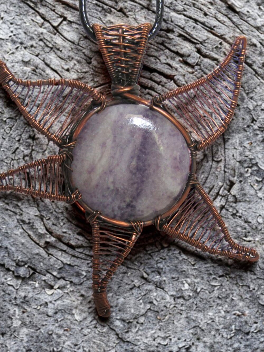 Handmade Copper Wire Wrap Starburst Lepidolite Crystal Gemstone Pendant